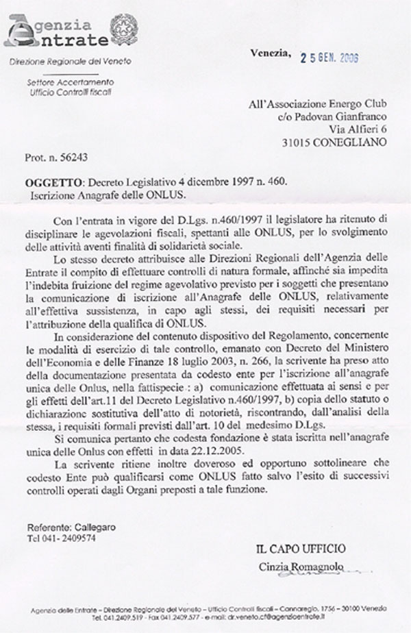 Lettera riconoscimento onlus