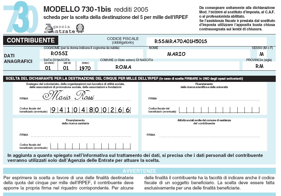 Fax simile modello 730 2006
